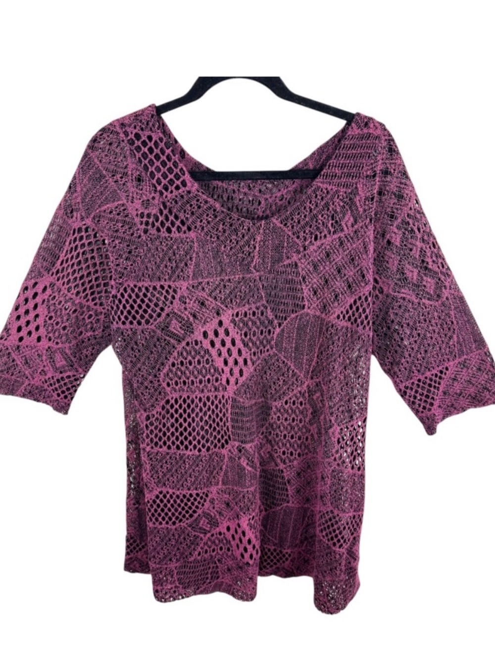 C.O.C. Women's Pink Black Open Knit Crochet 3/4 Sleeve‎ Top